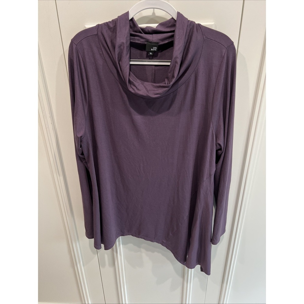 Lisa Bayne Cowl Neck Tunic Top Size XL Plum Purple Lagenlook Artsy Asymmetric